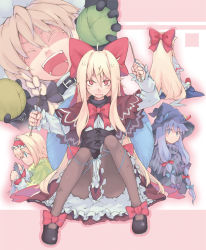 Rule 34 | 4girls, alice margatroid, alternate costume, anger vein, angry, blonde hair, blue eyes, bow, bowtie, braid, capelet, censored, colored eyelashes, convenient censoring, doll joints, eyelashes, female focus, hair bow, hat, hourai doll, joints, kirisame marisa, knitting, large bow, laughing, legs, long hair, morino hon, multiple girls, pantyhose, patchouli knowledge, purple eyes, purple hair, red eyes, shanghai doll, short hair, sitting, thread, touhou, witch hat, yarn, yarn ball
