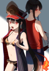 Rule 34 | 1boy, 1girl, artist request, bad link, bikini, black hair, black headwear, blush, breasts, brother and sister, cleavage, fate/grand order, fate (series), long hair, oda nobukatsu (fate), oda nobunaga (fate), oda uri, open mouth, ponytail, siblings, small breasts, swimsuit