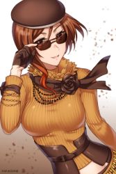 Rule 34 | 1girl, artist name, belt, beret, breasts, brown eyes, brown hair, coco adel, corset, dutch angle, fingerless gloves, gloves, groin, hat, highres, kio rojine, looking at viewer, medium breasts, midriff, rwby, scarf, short hair, smile, solo, sunglasses, white background