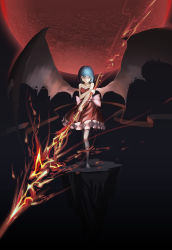 Rule 34 | 1girl, alternate costume, backlighting, bare legs, barefoot, bat wings, blue hair, bridow, darkness, dress, fire, fire, floating rock, frilled dress, frills, frown, full moon, highres, large wings, legs, light, looking at viewer, moon, no headwear, no headwear, red eyes, red moon, remilia scarlet, short hair, solo, spear the gungnir, standing, strapless, strapless dress, touhou, wings