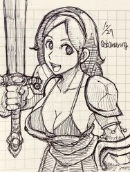 Rule 34 | 1girl, armor, artist name, athena (series), bikini, breasts, cleavage, highres, large breasts, long hair, looking at viewer, monochrome, navel, open mouth, princess athena, shield, smile, snk, swimsuit, weapon