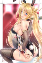 Rule 34 | 1girl, animal ears, ass, bad id, bad pixiv id, bare shoulders, black panties, black thighhighs, blonde hair, blue eyes, blush, bradamante (fate), bradamante (welcome bunny) (fate), braid, breasts, bridal gauntlets, detached collar, fake animal ears, fate/grand order, fate (series), french braid, hair between eyes, large breasts, leotard, long hair, looking at viewer, open mouth, panties, playboy bunny, rabbit ears, rabbit tail, rei kun, sitting, smile, solo, tail, thighhighs, thighs, twintails, underwear, very long hair, wrist cuffs