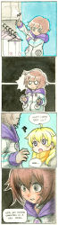 Rule 34 | 2girls, 4koma, absurdres, ahoge, blonde hair, brown hair, chibi, choker, clothes hanger, clothes rack, coat, comic, cosplay, crossover, english text, female focus, fourth wall, hair ribbon, highres, hood, hoodie, isaki tanaka, multiple girls, neptune (neptunia), neptune (neptunia) (cosplay), neptune (series), o o, open mouth, outline, ribbon, ruby rose, rwby, short hair, siblings, signature, sisters, traditional media, trembling, truth, twintails, wide-eyed, yang xiao long
