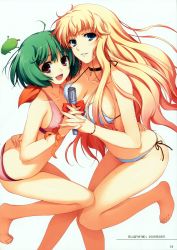 Rule 34 | 00s, 2girls, absurdres, bare shoulders, barefoot, bikini, blonde hair, blue eyes, breasts, choker, cleavage, earrings, feet, green hair, highres, huge filesize, jewelry, large breasts, long hair, looking at viewer, macross, macross frontier, microphone, multiple girls, open mouth, parted lips, ranka lee, red eyes, sheryl nome, shiny skin, side-tie bikini bottom, small breasts, smile, swimsuit, tomose shunsaku, wireless