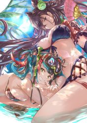 Rule 34 | 2girls, bare shoulders, bikini, black bikini, black hair, blue bikini, blue hair, blue sky, breasts, cleavage, cone hair bun, diving mask, double bun, fate/grand order, fate (series), goggles, grin, hair bun, highres, large breasts, long hair, looking at viewer, multicolored hair, multiple girls, murasaki shikibu (fate), purple eyes, purple hair, red hair, sei shounagon (fate), sky, smile, snorkel, swimsuit, thighs, twintails, two side up, very long hair, water, yatsuka (846)