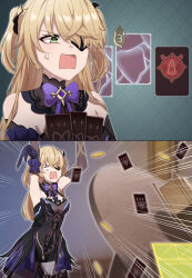 Rule 34 | 1girl, 2koma, absurdres, anger vein, black dress, blonde hair, bow, bowtie, card, comic, dress, eyepatch, fischl (genshin impact), genshin impact, green eyes, hayarob, highres, holding, holding card, long hair, open mouth, purple bow, purple bowtie, solo, table flip, two side up