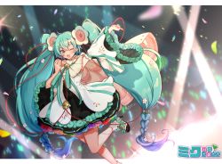 Rule 34 | 1girl, black dress, blue hair, bobby socks, braid, commentary request, dakuryuu, detached sleeves, dress, flower, glowstick, gradient hair, green eyes, green hair, hair between eyes, hair flower, hair ornament, hand up, hatsune miku, high heels, highres, holding, long hair, long sleeves, looking at viewer, magical mirai (vocaloid), magical mirai miku, magical mirai miku (2021), multicolored hair, outstretched arm, purple hair, shoes, sleeveless, sleeveless dress, socks, solo, twintails, very long hair, vocaloid, white dress, white flower, white footwear, white sleeves, white socks, wide sleeves