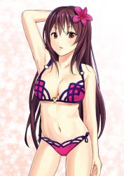 Rule 34 | 1girl, bad id, bad pixiv id, bikini, breasts, brown hair, cleavage, fate/grand order, fate (series), flower, hair flower, hair ornament, heart o-ring, heart ring top, large breasts, long hair, mugipot, navel, red eyes, scathach (fate), scathach (fate/grand order), scathach (swimsuit assassin) (fate), side-tie bikini bottom, solo, standing, swimsuit