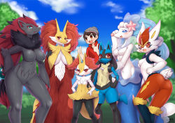 Rule 34 | 1boy, 6+girls, :&lt;, :3, animal ear fluff, animal ears, animal hands, animal nose, artist name, ass, beanie, black fur, black hair, blue eyes, blue fur, blue hair, blue sky, blurry, blurry background, blush, body fur, braixen, breasts, brown eyes, brown hair, cinderace, claws, closed mouth, cloud, collared shirt, colored skin, creatures (company), day, delphox, fox ears, fox girl, fox tail, from behind, furry, furry female, game freak, gem, gen 4 pokemon, gen 5 pokemon, gen 6 pokemon, gen 7 pokemon, gen 8 pokemon, gluteal fold, grass, grey fur, grey headwear, groin, hair ornament, hand on own face, hand on own hip, hand up, hands on own hips, hands up, happy, hat, height difference, large breasts, light blush, long hair, looking at another, looking at viewer, looking back, low-tied long hair, lucario, medium breasts, mermaid, monster girl, multicolored hair, multiple girls, navel, nervous, nintendo, no nipples, no pussy, open mouth, outdoors, pearl (gemstone), pokemon, pokemon (creature), pokemon swsh, primarina, rabbit ears, rabbit girl, rabbit tail, red eyes, red fur, red hair, red shirt, see-through, shirt, short hair, shy, sidelocks, signature, sky, small breasts, smile, snout, spikes, standing, starfish, stomach, swept bangs, tail, teeth, thumbs up, tree, two-tone hair, upper body, very long hair, victor (pokemon), wavy mouth, white fur, white skin, wide hips, wolf ears, wolf girl, wolf tail, wolflong, yellow fur, zoroark