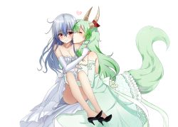 Rule 34 | 2girls, 6 (yuchae), alternate costume, ass, bare shoulders, blue hair, blush, bow, closed eyes, collaboration, collarbone, convenient leg, dress, dual persona, elbow gloves, ex-keine, gloves, green dress, green gloves, green hair, high heels, holding, horn ornament, horn ribbon, horns, kamishirasawa keine, lani (pink  pink), long hair, looking at viewer, md5 mismatch, multiple girls, no headwear, no socks, profile, red eyes, resized, ribbon, selfcest, shoe dangle, simple background, strapless, strapless dress, tail, touhou, white background, white dress, white gloves, yuri