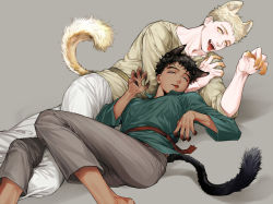 Rule 34 | 2boys, :p, animal ears, bad id, bad pixiv id, black hair, blonde hair, blue eyes, blue pants, cat boy, cat ears, cat tail, changye, claw pose, dark-skinned male, dark skin, dog boy, dog ears, dog tail, dungeon meshi, feet out of frame, fingernails, grey background, grey pants, half-closed eyes, kabru, kemonomimi mode, laios touden, looking at viewer, lying, multiple boys, on back, open mouth, pale skin, pants, reclining, sash, sharp fingernails, simple background, smirk, tail, tongue, tongue out, yellow eyes