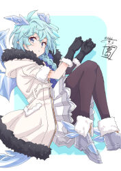 Rule 34 | 1girl, absurdres, ahoge, artist logo, black gloves, blue eyes, blue hair, boots, braid, braided ponytail, brown pantyhose, coat, dated, fur-trimmed coat, fur-trimmed gloves, fur trim, gloves, highres, horns, long hair, looking at viewer, looking to the side, lying, armored boots, on side, pantyhose, pointy ears, princess connect!, sekiya kuzuyu, sheffy (princess connect!), skirt, solo, white coat, white skirt, wings