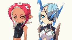 Rule 34 | 1girl, 2girls, agent 8 (splatoon), armor, asymmetrical clothes, bad id, bad twitter id, black shirt, blouse, blue eyes, blue hair, eyepatch, long hair, looking at viewer, midriff, multiple girls, nintendo, octoling, octoling girl, octoling player character, pauldrons, pink hair, pointy ears, shirt, short hair, shoulder armor, simple background, splatoon (series), splatoon 2, splatoon 2: octo expansion, takozonesu, tavn, tentacle hair, theory (xenoblade), white background, xenoblade chronicles (series), xenoblade chronicles 2