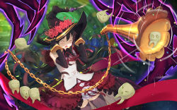 Rule 34 | akemi homura, alternate costume, black hair, chain, closed eyes, cuffs, flower, grey thighhighs, hat, highres, holding, holding clothes, holding hat, homulilly, lisong shen, long hair, mahou shoujo madoka magica, mahou shoujo madoka magica: hangyaku no monogatari, mahou shoujo madoka magica (anime), open mouth, phonograph, ribbon, shackles, solo, spider lily, teeth, thighhighs, witch&#039;s labyrinth, witch hat