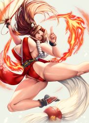 Rule 34 | 1girl, absurdres, breasts, fatal fury, fire, highres, huge breasts, ponytail, shiranui mai, solo