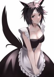 Rule 34 | 1girl, ahoge, animal ears, apron, black dress, black hair, blue eyes, breasts, cleavage, collarbone, commentary request, cowboy shot, dress, fuji kiseki (umamusume), highres, horse ears, horse tail, large breasts, looking at viewer, maid, miya star saa, own hands together, short hair, simple background, sleeveless, sleeveless dress, smile, solo, standing, tail, umamusume, v arms, waist apron, white apron, white background