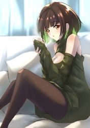 Rule 34 | 1girl, absurdres, bare shoulders, blush, borrowed character, breasts, brown hair, cleavage, cleavage cutout, clothing cutout, couch, cup, deekei, green hair, highres, holding, holding cup, large breasts, leggings, looking at viewer, miru (ormille), mole, mole on breast, mole under eye, on couch, orange eyes, original, pillow, shoulder cutout, solo, sweater