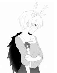 Rule 34 | 1girl, antlers, blush, commentary request, dragon horns, greyscale, highres, holding own arm, horns, kicchou yachie, monochrome, shikushiku (amamori weekly), shirt, short hair, short sleeves, simple background, skirt, solo, sweat, touhou, turtle shell, upper body, white background