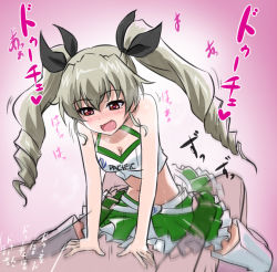 Rule 34 | 10s, 1boy, 1girl, anchovy (girls und panzer), blush, clothed female nude male, clothed sex, cowgirl position, girl on top, girls und panzer, green hair, hair ornament, hetero, nude, red eyes, ribbon, ribimura, saliva, sex, skirt, straddling, text focus, twintails