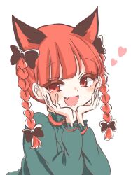 Rule 34 | 1girl, animal ears, braid, cat ears, cat girl, commentary request, heart, heart-shaped pupils, highres, kaenbyou rin, long sleeves, looking at viewer, one-hour drawing challenge, puffy long sleeves, puffy sleeves, red eyes, red hair, smile, solo, symbol-shaped pupils, touhou, twin braids, waramori fuzuka