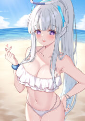 Rule 34 | 1girl, absurdres, bare shoulders, bikini, blue archive, blue sky, blunt bangs, blush, bracelet, breasts, cleavage, collarbone, commentary request, halo, highres, jewelry, long hair, maru.selinn, mechanical halo, medium breasts, nail polish, navel, noa (blue archive), ocean, outdoors, pink nails, purple eyes, sidelocks, sky, solo, stomach, sweat, swimsuit, very long hair, white bikini, white hair