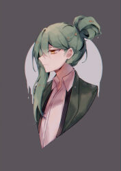 Rule 34 | 1boy, closed mouth, collared shirt, commentary, eyebrow cut, green hair, green jacket, hair bun, highres, irotori owari, jacket, library of ruina, male focus, netzach (project moon), open clothes, open jacket, profile, project moon, shirt, single hair bun, single sidelock, solo, symbol-only commentary, white shirt, yellow eyes