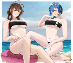 Rule 34 | 2girls, alternate costume, antenna hair, artist name, bare legs, bare shoulders, barefoot, beach, bikini, black bikini, black one-piece swimsuit, blue hair, blue nails, blue sky, blush, braid, braided ponytail, breasts, brown hair, cleavage, closed mouth, collarbone, commentary, commission, darkpulsegg, dp-12 (girls&#039; frontline), dsr-50 (girls&#039; frontline), english commentary, feet out of frame, fingernails, girls&#039; frontline, grey eyes, gris swimsuit, hair between eyes, hair ornament, hairband, half-closed eyes, hand on own thigh, head tilt, highres, innertube, licking lips, lips, long fingernails, long hair, looking at viewer, medium breasts, meme attire, multiple girls, nail polish, navel, ocean, on one knee, one-piece swimsuit, outside border, parted bangs, red eyes, red nails, simple background, sitting, sky, swim ring, swimsuit, thighs, tongue, tongue out