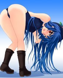 Rule 34 | 1girl, ass, blue hair, blush, boots, fang, female focus, gradient background, hat, hinanawi tenshi, long hair, one-piece swimsuit, red eyes, saki chisuzu, school swimsuit, solo, swimsuit, touhou, white background