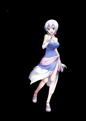 Rule 34 | 1girl, blue dress, blue eyes, breasts, cleavage, dress, fairy tail, gloves, highres, large breasts, lisanna strauss, silver hair, smile, solo