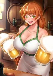 Rule 34 | 1girl, absurdres, alcohol, bare shoulders, beer, beer mug, blush, braid, braided ponytail, breasts, brown hair, cleavage, collarbone, commission, cup, dress, gaothun, green eyes, highres, holding, holding cup, indoors, large breasts, long hair, looking at viewer, mug, no bra, open mouth, original, solo