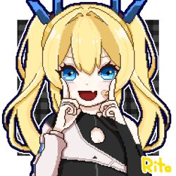 Rule 34 | 1girl, :d, bandaid, bandaid on cheek, bandaid on face, black bodysuit, blonde hair, blue eyes, bodysuit, fang, flat chest, goddess of victory: nikke, headgear, highres, laplace (nikke), long hair, open mouth, pixel art, rito 555, skin fang, smile, solo, twintails