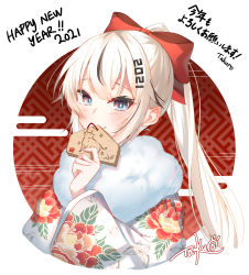 Rule 34 | 1girl, 2021, artist name, black hair, blue eyes, blush, bow, chinese zodiac, closed mouth, commentary, commentary request, english commentary, floral print, fur collar, hair bow, hair ornament, hand up, happy new year, highres, holding, japanese clothes, kimono, long hair, long sleeves, looking at viewer, mixed-language commentary, multicolored hair, new year, original, ponytail, print kimono, red bow, signature, smile, solo, streaked hair, takuro (taku3949), translation request, upper body, white hair, white kimono, year of the ox