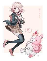 Rule 34 | 1girl, absurdres, backpack, bag, black thighhighs, brown background, brown hair, brown skirt, buttons, character name, closed mouth, collared shirt, danganronpa (series), danganronpa 2: goodbye despair, diaper, dress shirt, eeleng, from side, green jacket, hair ornament, highres, hood, hood down, jacket, long sleeves, looking at viewer, medium hair, monomi (danganronpa), musical note, nanami chiaki, neck ribbon, open clothes, open jacket, pink eyes, pink footwear, red ribbon, ribbon, shirt, skirt, spoken musical note, thighhighs, translation request, two-tone shirt, white background