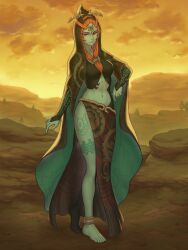 Rule 34 | 1girl, absurdres, barefoot, colored sclera, colored skin, female focus, forehead jewel, front ponytail, full body, gofelem, green skin, highres, leg tattoo, long hair, looking at viewer, midna, midna (true), navel, nintendo, orange hair, outdoors, red eyes, smile, solo, tattoo, the legend of zelda, toes, yellow sclera