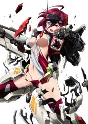 Rule 34 | 1girl, ahoge, arm cannon, armor, blue eyes, breasts, convenient censoring, damaged, floating hair, gloves, gun, highres, holding, holding gun, holding weapon, kumichou (ef65-1118-ef81-95), mecha musume, medium breasts, navel, open hand, open mouth, original, red gloves, red hair, science fiction, short hair, solo, thighhighs, torn clothes, v-shaped eyebrows, weapon, white background