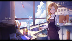 Rule 34 | 1girl, alternate costume, apron, azur lane, blonde hair, blue eyes, blue sky, blush, book, bottle, breasts, collared shirt, cooking, cup, cupboard, drinking glass, faucet, flower, food, hair ornament, hair over shoulder, holding, holding book, holding spoon, hood (azur lane), indoors, j junz, kitchen, light particles, long hair, long sleeves, looking at viewer, medium breasts, parted bangs, pepper shaker, pot, salt shaker, shirt, sink, sky, smile, solo, sparkle, spoon, standing, stirring, teacup, utensil, white shirt, wind chime, window