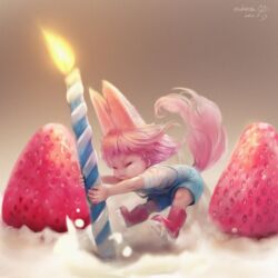 Rule 34 | 1girl, animal ears, blue overalls, boots, candle, closed eyes, food, fruit, highres, holding, holding candle, nekoita, original, overall shorts, overalls, pink hair, red footwear, short hair, solo, strawberry, tail