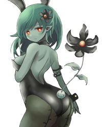 Rule 34 | 1girl, animal ears, aoiyamagi4, ass, backless outfit, black flower, black pantyhose, blush, colored skin, commentary, fake animal ears, flower, frown, green skin, hair flower, hair ornament, leotard, long hair, looking at viewer, monster girl, original, pantyhose, plant girl, playboy bunny, pointy ears, rabbit ears, rabbit tail, red eyes, solo, tail, white background