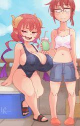 Rule 34 | 2girls, blush, bracelet, breast envy, breasts, cleavage, cup, denim, denim shorts, disposable cup, dragon girl, dragon horns, fang, glasses, gradient hair, highres, horns, huge breasts, ilulu (maidragon), jewelry, kobayashi-san chi no maidragon, kobayashi (maidragon), leokingdom, multicolored hair, multiple girls, navel, one-piece swimsuit, open mouth, pink hair, pointy ears, sandals, shorts, shortstack, sitting, small breasts, smile, standing, stomach, swimsuit, tank top