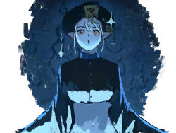 Rule 34 | 1girl, azelweien, blue hair, blue skin, breasts, chinese clothes, colored skin, glint, hat, jiangshi, medium breasts, navel, ofuda, open mouth, original, qingdai guanmao, red eyes, solo, upper body, weapon, wide sleeves