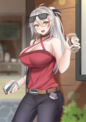 Rule 34 | 1girl, :d, ahoge, alternate costume, azur lane, bag, bare shoulders, belt, black choker, black pants, breasts, brown belt, bush, card, casual, cellphone, choker, cleavage, criss-cross halter, cup, disposable cup, drinking straw, earrings, hair between eyes, hair ribbon, halterneck, handbag, high ponytail, highres, holding, holding phone, j yak47, jewelry, large breasts, long hair, looking to the side, mole, mole on breast, multicolored hair, open mouth, pants, phone, ponytail, prinz eugen (azur lane), red shirt, ribbon, shirt, sidelocks, smartphone, smile, standing, streaked hair, yellow eyes