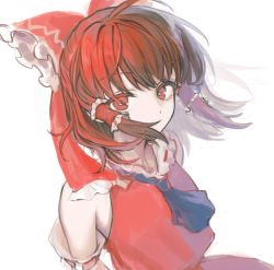 Rule 34 | 1girl, ascot, bare shoulders, blue ascot, bow, brown hair, collar, collared dress, covering own mouth, detached sleeves, dress, frills, gradient hair, hair between eyes, hair ornament, hair tubes, hakurei reimu, long sleeves, looking at viewer, multicolored hair, red bow, red dress, red eyes, red hair, short hair, sidelocks, simple background, solo, touhou, upper body, white background, wide sleeves, yuggug
