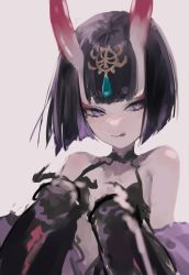 Rule 34 | 1girl, bare shoulders, black legwear, bob cut, breasts, collarbone, eyeliner, fate/grand order, fate (series), headpiece, highres, horns, japanese clothes, kimono, knees up, licking lips, long sleeves, looking at viewer, makeup, naaag, off shoulder, oni, purple eyes, purple hair, purple kimono, revealing clothes, short hair, shuten douji (fate), sitting, skin-covered horns, small breasts, smile, solo, tongue, tongue out, wide sleeves