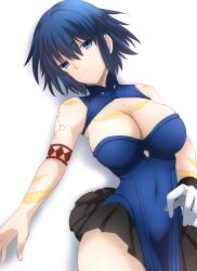 Rule 34 | 1girl, bare shoulders, blue dress, blue eyes, blue hair, breasts, ciel (tsukihime), clothing cutout, commentary, covered navel, dress, gloves, highres, looking at viewer, medium breasts, powered ciel, short hair, sleeveless, sleeveless dress, solo, tattoo, tsukihime, vent vert (kuuya), weapon