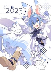 Rule 34 | 1boy, 2023, animal ears, black bow, black bowtie, blue eyes, blue hair, bow, bowtie, brown footwear, commentary request, extra ears, hands up, japanese clothes, kaito (vocaloid), kimono, knees up, long sleeves, looking at viewer, male focus, open mouth, rabbit, rabbit ears, rabbit pose, short hair, simple background, smile, solo, vocaloid, white background, white kimono, white sleeves, yoshiki