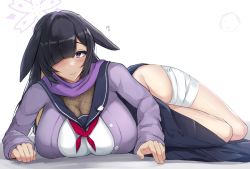 Rule 34 | 1girl, black hair, blouse, blue archive, blush, breasts, cleavage, closed mouth, hair over one eye, halo, large breasts, long hair, long sleeves, looking at viewer, lop rabbit ears, lying, on stomach, one eye covered, purple eyes, purple shirt, rabbit ears, school uniform, see-through, see-through cleavage, serafuku, shirt, solo, thighs, tsukuyo (blue archive), tyamurai33