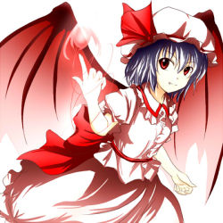 Rule 34 | 1girl, blue hair, female focus, hat, png (esepen), red eyes, remilia scarlet, smile, solo, standing, touhou, white background, wings