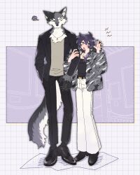 Rule 34 | 1boy, 1girl, black footwear, black jacket, black nails, black pants, black tank top, blush, closed mouth, coat, earrings, frown, fur coat, furry, furry male, furry with non-furry, green eyes, heterochromia, highres, interspecies, jacket, jewelry, locked arms, necklace, open mouth, original, pants, paw pose, purple hair, rata (norahasu), standing, tank top, white pants, wolf, wolf boy