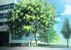 Rule 34 | atsumori177, blue sky, building, cloud, cloudy sky, day, entrance, hedge, highres, no humans, original, plant, road, scenery, shadow, sky, street, sunlight, tree, tree shade, window