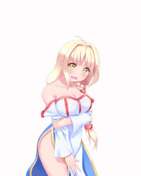 Rule 34 | 1girl, antenna hair, arc the lad, arc the lad ii, bad id, bad pixiv id, bare shoulders, blonde hair, braid, breasts, cleavage, commentary request, cowboy shot, dress, lieza (arc the lad), long hair, looking at viewer, side slit, simple background, single braid, solo, wavy mouth, white background, white dress